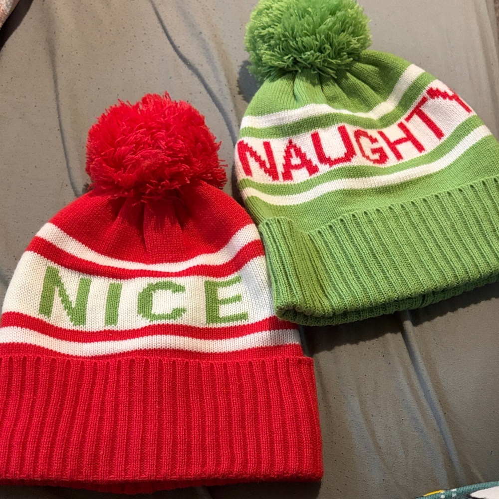 Red and Green Naughty Nice Pom Pom Beanies